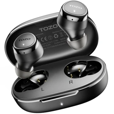 Imagen de TOZO E1 Auriculares Inalámbricos Bluetooth, Cascos Bluetooth 5.3 ENC Llamadas Ultra Ligero EQs 30H Reproducción USB C IPX6 Negro