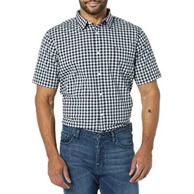 Imagen de Amazon Essentials Camisa de Popelín Manga Corta y Ajuste Entallado Hombre, Azul Marino Blanco Guinga, XXL