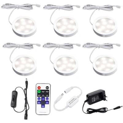 Imagen de AIBOO LED Cocina Debajo de La Lámpara del Gabinete con Control Remoto Inalámbrico RF, Iluminación Empotrada Ultradelgada Redonda, 6 Packs Luces para Escaparate 12V 12W(Blanco Natural 4000K)
