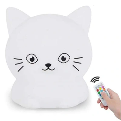 Imagen de Glinrui Luz de noche Gato Nocturna Infantil, lámpara Mesa cabecera silicona, 9 colores LED aplaudir luces para Dormitorio, Brillo y Color Ajustable, Configuracion hora Mediano