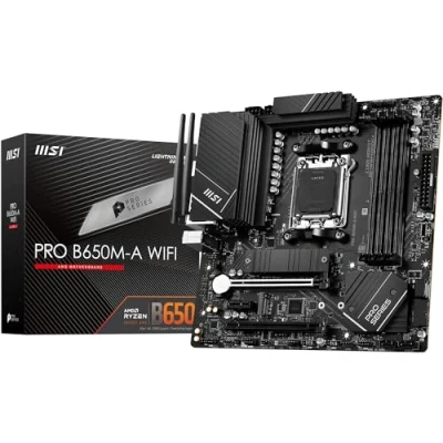 Imagen de MSI PRO B650M A WiFi Placa Base, Micro ATX Soporta Procesadores AMD Ryzen Serie 7000, AM5 Memoria DDR5 Boost 6000+MHz/OC, 2 x PCIe 4.0 x16, M.2 Gen4, 6E
