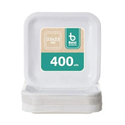 Imagen de BEST PRODUCTS 400 Platos Desechables Cartón Ecológicos Biodegradables Compostables y Reciclables Para Fiestas Cumpleaños Comuniones o Eventos Cuadrados Llanos 23x23cm
