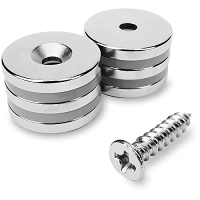 Imagen de Sensei 6 piezas Imán de neodimio redondo 20x3 mm, con agujero para tornillo, 4,5 kg fuerza atracción + tornillos incluidos