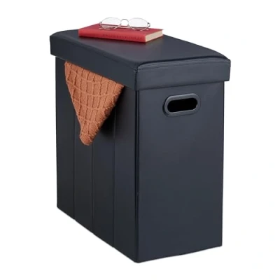 Imagen de Relaxdays Cuero sintético Negro Taburete Plegable de Polipiel con Espacio Almacenaje, Acolchado, para Salón, 49 x 48,5 27 cm, Tablero Fibras