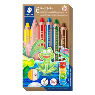 Imagen de STAEDTLER Noris Junior, lápiz de color extra grueso 3 en 1: color, cera y acuarelable. Estuche con 6 lápices colores surtidos + afilalápices (140 C6 ST)