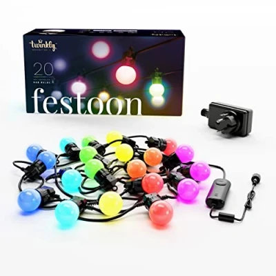 Imagen de Twinkly Luces Decorativas Controladas desde App con 20 Bombillas LED G45 RGB Multicolor, 10 Metros, Cable Negro Kit de Inicio Uso Interior/Exterior Generación II