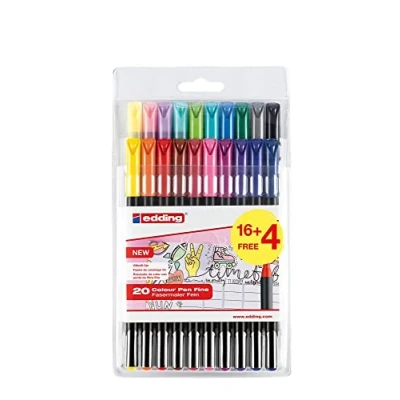 Imagen de edding 1200 rotulador de color trazo fino multicolor 16 bolígrafos + 4 regalo punta redonda 1 mm para dibujar y escribir set vuelta al cole