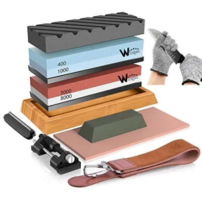 Imagen de Piedra de Afilar Kit para Cocina 400/1000 3000/8000 Corindón Afilador Cuchillos con Base antideslizante Silicona Guía ángulo Aplastamiento correa cuero Guantes resistentes a cortes