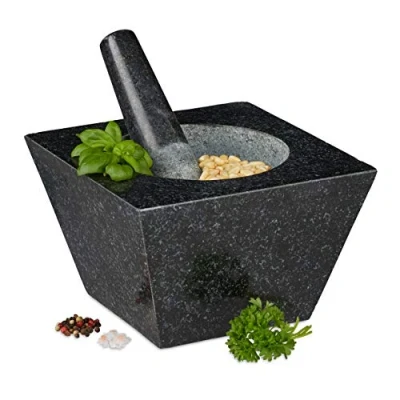 Imagen de Relaxdays Mortero con Mano, XXL, Granito, Especias y Hierbas, 750 ml, 6,75 kg, Moledor Piedra, 12x19,5x19,5 cm, Negro