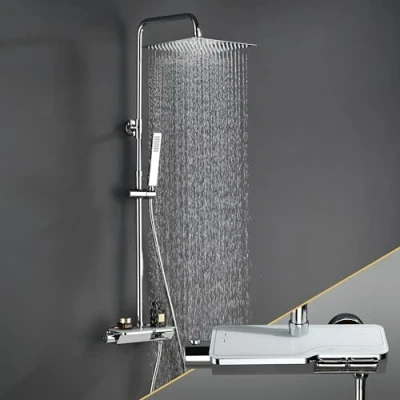 Imagen de Görbach Columna de ducha lluvia con Grifo Termostatico, Set Altura Ajustable en Acero inoxidable Mezclador, Cabezal ducha, alcachofa mano, barra cromada (2020CP)