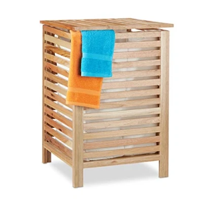 Imagen de Relaxdays Cesto Ropa Sucia Hecho de Madera Nogal con Tapa, Cubo Colada Saco Lavable 52l, 65,5x45x45 cm, Natural