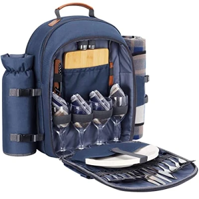 Imagen de Sunflora Mochila Picnic 4 Personas para Picnic, Cesta con Manta de Isotérmica y Compartimiento Desmontable Botella Titular Vino Camping Blosa Picnic(Azul Marino)