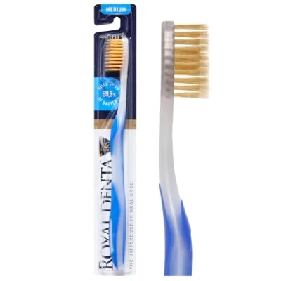 Imagen de cepillo de dientes manual mediano para adultos, con hilo dental dorado, azul Royal Denta