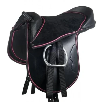 Imagen de HKM Funny Horses 9384 Shetty Juego de sillines con estribos para Rodilla, 12&quot;, Color Negro y Rosa