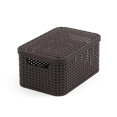 Imagen de CURVER 205839 Cesta con Tapa Efecto Mimbre (tamaño pequeño, Polipropileno), Color Negro