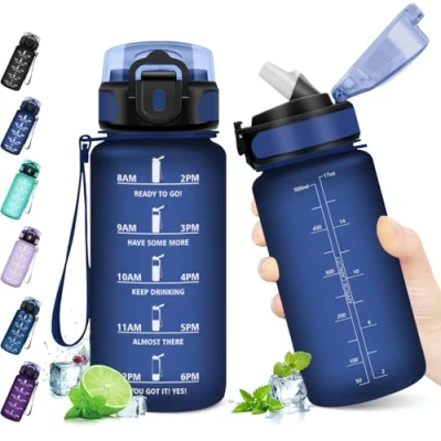 Imagen de KollyKolla Botella Agua Deporte, Niño 500ML, con Pajita, Prueba de Fugas, Marcador Tiempo Motivación, Cantimplora para Niños, Adulto, Gimnasio, Bicicleta, Escuela, Oficina