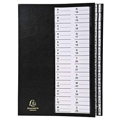 Imagen de Exacompta 621226E 1 clasificador Ordonator lomo extensible pestañas de plástico tapa dura 26 compartimentos alfanuméricos tamaño 25x33 cm para A4 color negro