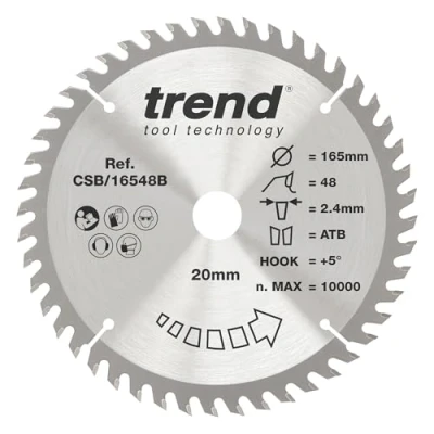 Imagen de Trend CraftPro Hoja de sierra circular TCT para corte transversal 165 mm diámetro x 48 dientes 20 interior, punta carburo tungsteno, CSB/16548B