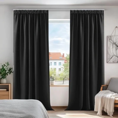 Imagen de Deconovo Cortinas para Habitación con Aislamiento Térmico Reducción de Ruido Telas Tupidas Gruesas Bolsillo Fruncido la Barra 2 Paneles 140 x 180 cm Negro