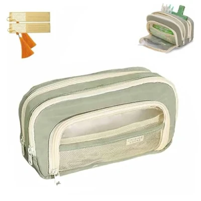 Imagen de CLOUDEMO Big Capacity Pencil Case, 3 Compartments Simple Storage Aesthetic Large Pouch, Kawaii Case Organizer for Women and Girls (Green)