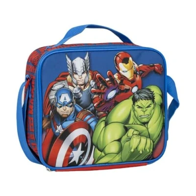 Imagen de Portameriendas Térmico de Los Vengadores Color Azul 21,5x8,5x19 cm Fabricado en Poliéster Mochila Pequeña con Cierre Cremallera y Asa Regulable Producto Original Diseñado España