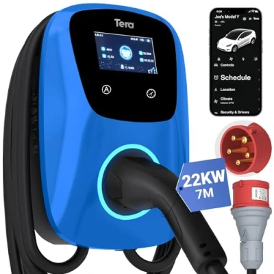 Imagen de Tera Cargador EV Smart App: 32 A Tipo 2 22 kW estación de Carga doméstica 400 V CE y TÜV 7 m Cable con Soporte Control aplicación Conector CEE 3 Fases para Azul Brillante