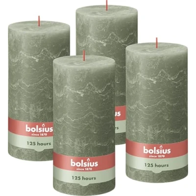 Imagen de Bolsius Vela rústica XXL Verde Juego de 4 20 x 10 cm Velas decorativas para el hogar Larga duración combustión 125 horas Sin perfume Cera natural vegana aceite palma