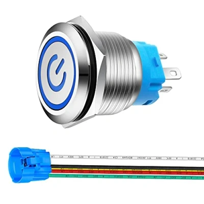 Imagen de Gebildet 22mm Enclavamiento Pulsador de Botón Metálico Interruptores Acero Inoxidable Impermeable Plana Top ON/Off 12V 24V 5A con Enchufe Cable(LED Azul)