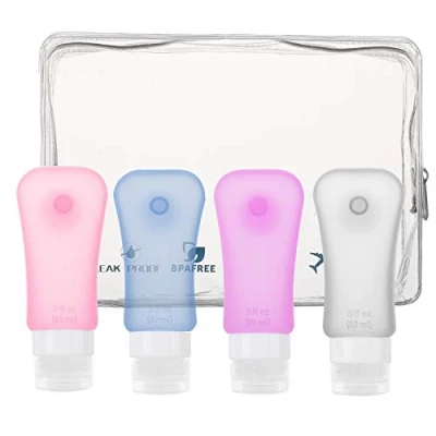 Imagen de MoKo Botella de Viaje Anti Fugas &amp; Rellenable/Compresible Silicona Travel Bottles Set para Champú, Bálsamo, Crema Baño, Loción, Libre BPA, FDA Aprobado Azul Blanco * Rosa Morado