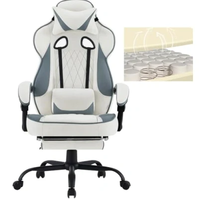 Imagen de WOLTU Silla Gaming en Tela Transpirable para Verano, Ergonómica Gamer con Reposapiés, Sillón Giratorio Videojuegos, Oficina Asiento Ancho y Cómodo Personas Grandes, Azul+Blanco