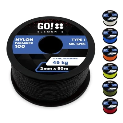 Imagen de GO!elements 50m Cuerda Paracord 2mm de Nylon A Prueba desgarros Supervivencia 100 Tipo I y con Capacidad Carga hasta 45kg, Coleur: Negro