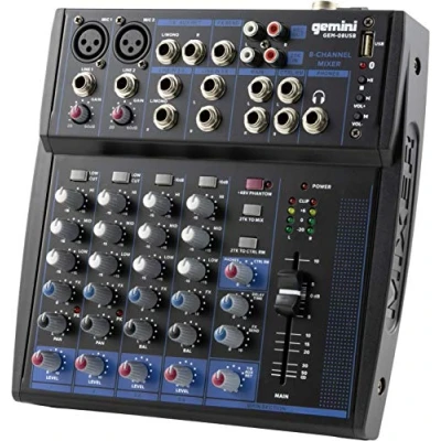 Imagen de Gemini Sound GEM 08USB Mezclador analógico de 8 canales compacto que incluye 2 micrófono, EQ 3 bandas, reproducción USB dispositivos y transmisión Bluetooth