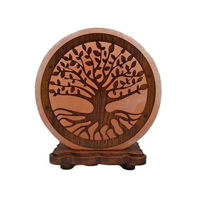 Imagen de AROMASENSES. Lámpara DE Sal del Himalaya con Base Madera, Cable y Bombilla Natural 100% Hecha a Mano (ARBOL LA VIDA)