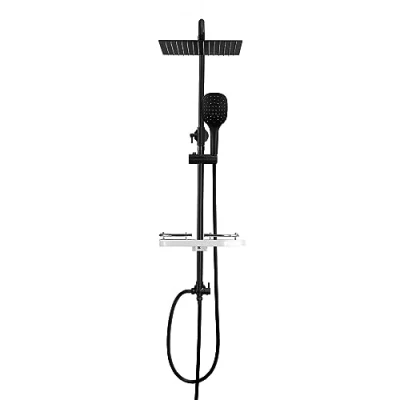 Imagen de Görbach Columna de ducha Negra sin Grifo Sistema Hidromasaje Conjunto Altura Adjustable, Juego Baño con Estana Negro mate, Cuadrado (2020MB+bandeja)