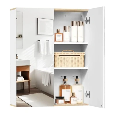 Imagen de EUGAD Armario Baño con Espejo, Colgante de Pared 2 Puertas y 3 Estantes, Mueble Auxiliar para Gran Almacenamiento, MDF, Blanco 60x20x75cm