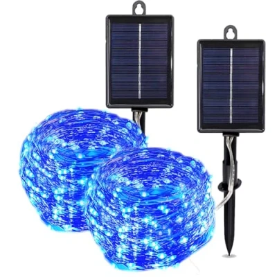 Imagen de QSPORTPEAK【2 Packs Luces Solares LED Exterior Jardín, 12M 100LED Guirnaldas Solar, 8 Modos de Luz a Prueba Agua Cadena Jardín para/Fiesta/Navidad/Árbol (Azul)