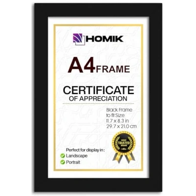 Imagen de HOMIK marco de fotos A4, Marcos A4 con cristal seguridad acrílico, DIN decoración del hogar, negro, ideal para regalar y colgar en la pared