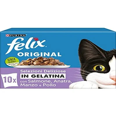 Imagen de Purina Felix Original en gelatina Comida húmeda para Gatos con Ternera, Pollo, Pato y salmón, 60 Sobres de 85 g
