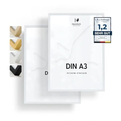 Imagen de Heimlich Cuadro de Fotos Madera Juego 2 A3 Vidrio Acrílico Irrompible Grano Visible Duradero Fácil Colgar Para Decoración Pared Color Blanco Marco