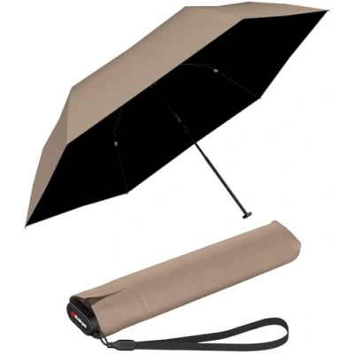 Imagen de Knirps Paraguas de bolsillo Ultra US.050 Slim Manual ligero y plano Resistente a las tormentas al viento 21 cm, Beige With Black Coating Protección contra rayos UV, 90 cm