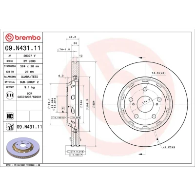 Imagen de BREMBO 09.N431.11 Disco de freno 324 28 5 ventilación interna revestido altamente carbonizado