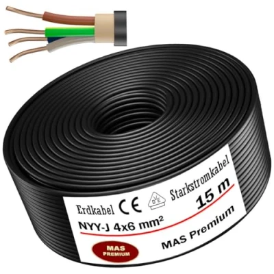 Imagen de MAS Premium® cable eléctrico de marca alemana para instalación en tierra y exterior, alimentación estándar (NYY J 4 x 6 mm², 15 m)
