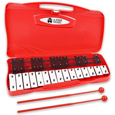 Imagen de a Star Xilófono Glockenspiel cromático soprano de 25 notas en estuche rojo con teclas negras/blancas y dos batidores plástico 2 octavas G5 G7