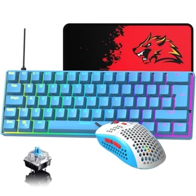 Imagen de teclado y ratón para juegos con cable de 60% diseño del Reino Unido, 62 teclas, mini mecánico compacto, retroiluminadas arco iris, 6RGB retroiluminado 6400 DPI(interruptor azul/azul)