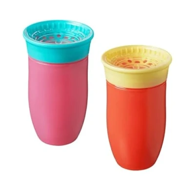 Imagen de Nuby Botella de agua All Around Taza para beber sin derrames, 300 ml, bebida desde cualquier ángulo, apta lavavajillas, BPA, apto 6 meses más (paquete 2, rosa/naranja)