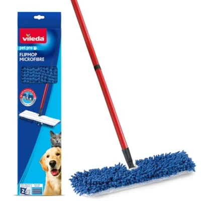 Imagen de Vileda Pet Pro Microfibra Universal Mopa Plana Tres Veces más eliminación de pelos Mascotas Fácil Insertar 100% Uso en seco múltiples Superficies Lavable a máquina.