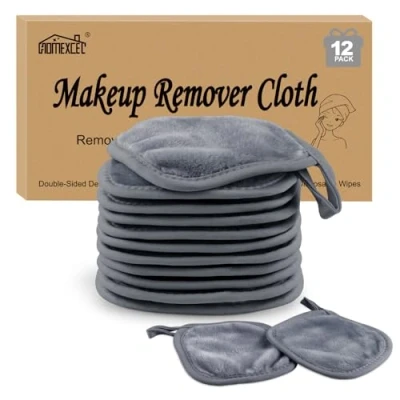Imagen de HOMEXCEL Paquete de 12 paños desmaquillantes, reutilizables, lavables, ultra suaves, almohadillas limpieza facial para todo tipo piel, 5 x pulgadas, color gris