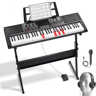 Imagen de VEVOR Piano Digital Portátil de 61 Teclas con Iluminadas, Soporte Ajustable, 600 Tonos, 500 Ritmos, Altavoces Integrados, Pedal Sustain, Auriculares, Micrófono, USB Midi para Principiantes