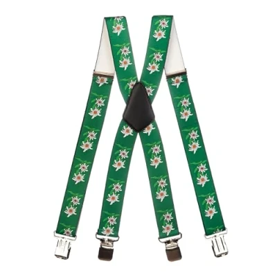 Imagen de Olata Tirantes Resistentes Para Hombre En Forma de X Con Patrón Flor Edelweiss 4 cm. Verde Oscuro
