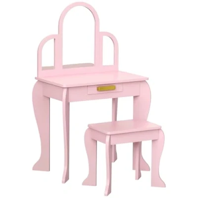 Imagen de HOMCOM Tocador para Niña con Espejo y Taburete de Maquillaje 3 a 6 Años Infantil Madera Cajón Rosa